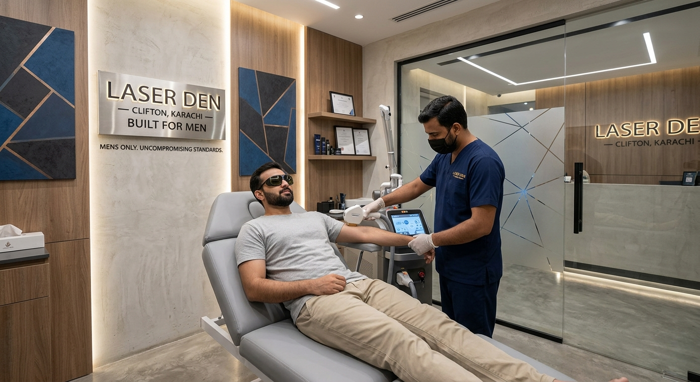 Man receiving laser hair removal treatment at Laser Den Karachi